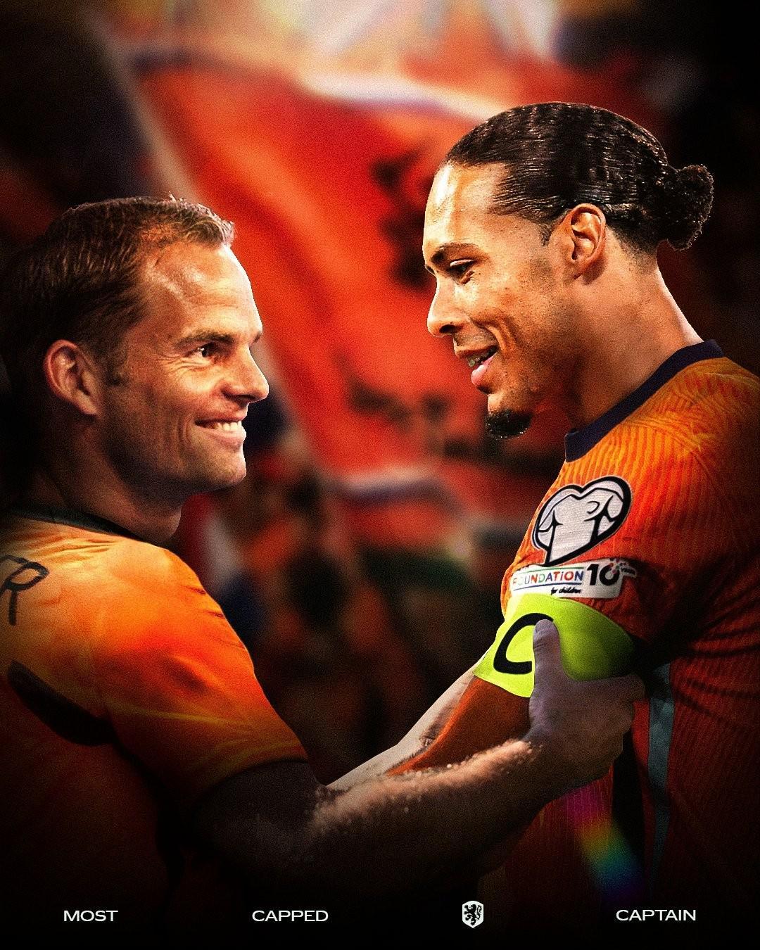 范戴克第72次以隊(duì)長(zhǎng)身份代表荷蘭隊(duì)出場(chǎng)，超越德波爾隊(duì)史第一